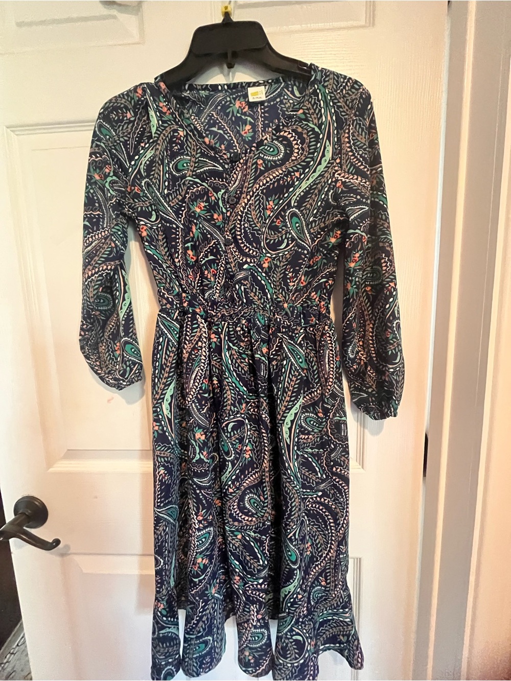 Crazy 8 bohemian Navy Paisley Long Sleeve Dress with Teal & Coral Accents